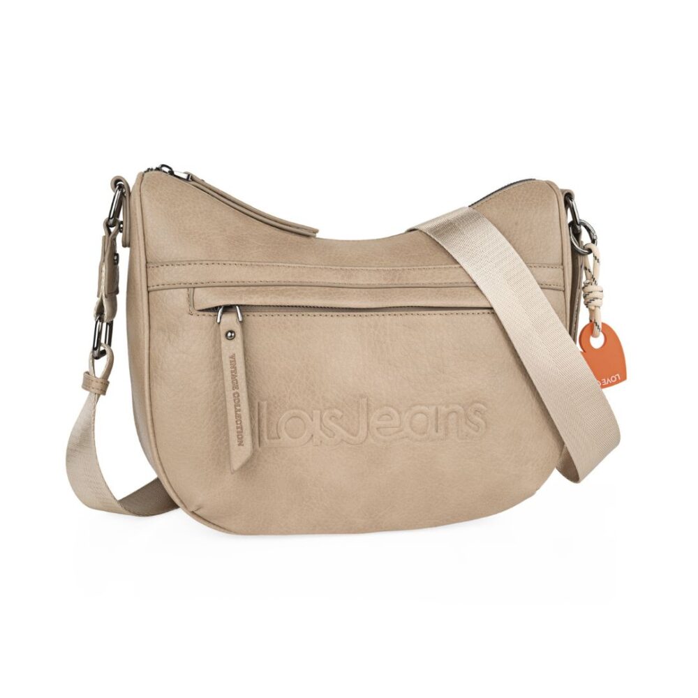 Bolso bandolera góndola Lois beige frontal con detalle de bandolera